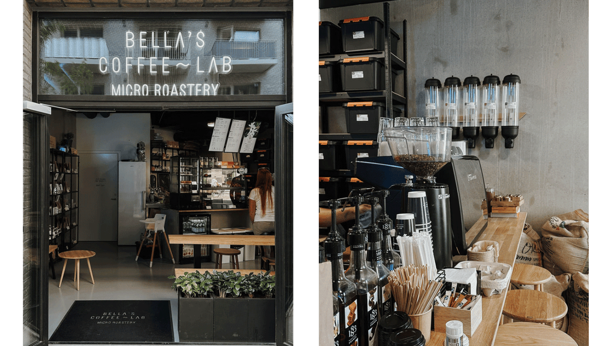 Zwei Bilder nebeneinander mit der Front- und Innenansicht eines Coffeeshops