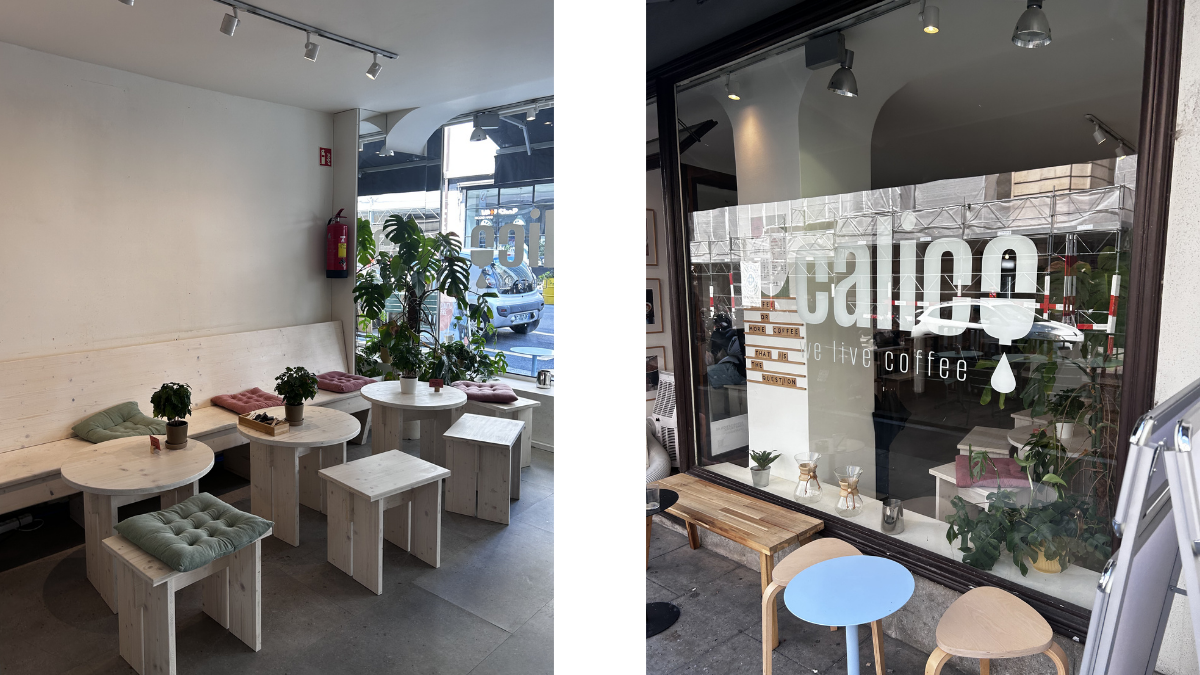 2 Bilder: Links ist das Cafè von innen zu sehen, rechts das Cafè von außen.