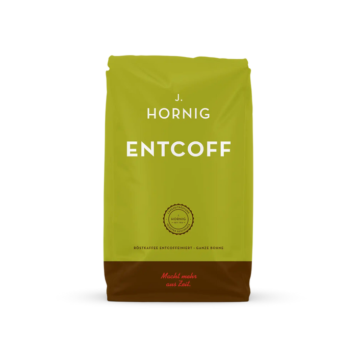 Eine Packung J. Hornig Entcoff Ganze Bohne 500g.